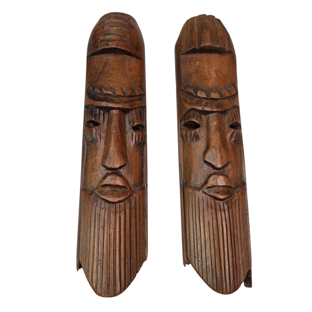 Vintage Hand Carved Wooden Tiki Masks Set of 2 Tribal Wall Art Decor 10‎ Inch S3